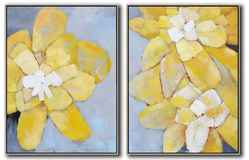 Abstract Painting Extra Large Canvas Art,Set Of 2 Abstract Painting On Canvas,Modern Art Yellow,Grey,White